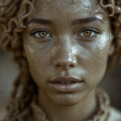 The primary subject of the image is a woman with a unique appearance. She has a brown, shiny skin, which gives her a distinctive look. The setting is a close-up of her face, and the visual style is a photo. The colors in the image are predominantly brown, and the overall atmosphere is intriguing and captivating.